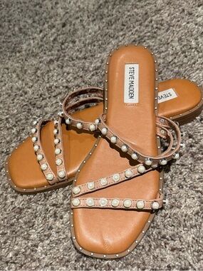 Steve Madden Tan Pearl Strap Slide Sandals